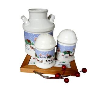 Vintage Winter Country Christmas Salt Pepper Shaker Trivet Utensil Holder Set